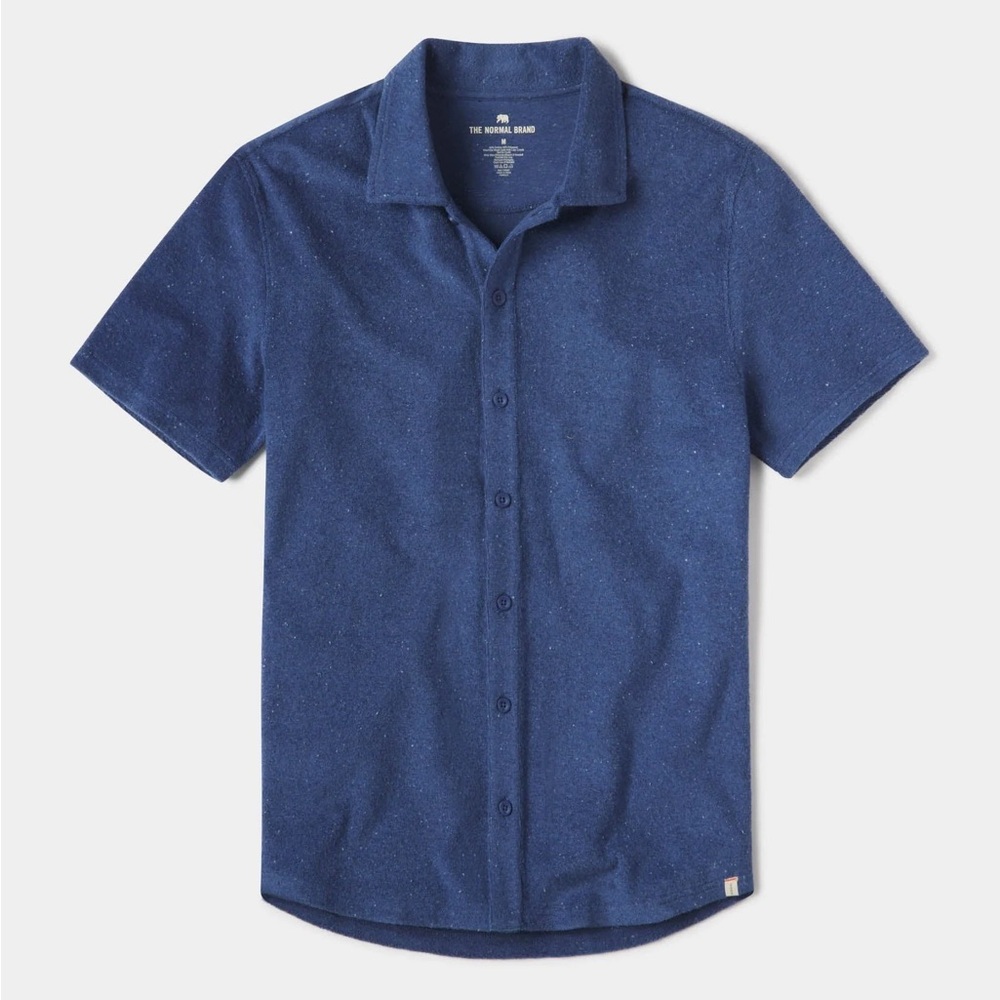 The Normal Brand Terry Towel Button Down in Navy, Size L